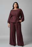 Burgundy scoop neck top with tie belt co-ord