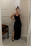 Black strappy satin dress with lace slit