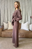 Brown gold button front knit set