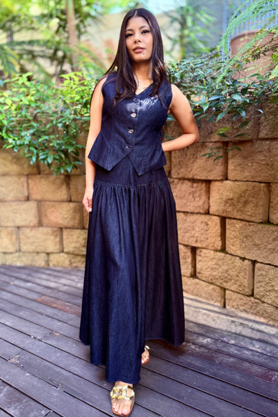 Denim waist coat with skirt