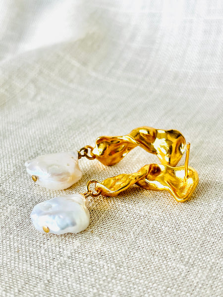 Freshwater Pearl - Gold Plated Drop Baroque Earring
