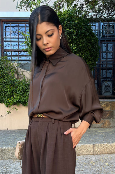 Choc satin shirt with gold and black button