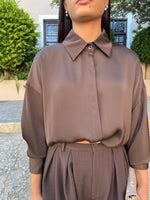 Choc satin shirt with gold and black button