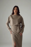 Taupe long sleeve French wrap dress