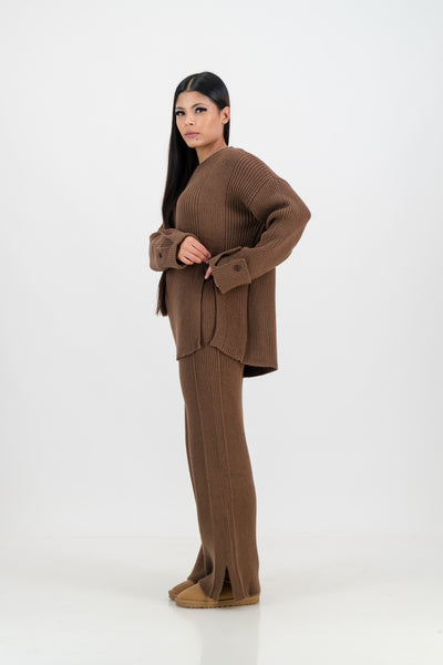 Chloe knitted set with rib pant - brown