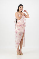 Lilac and pink Floral print dress with petal strap
