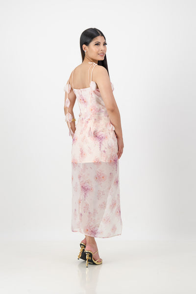 Lilac and pink Floral print dress with petal strap