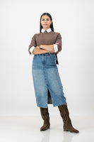 Raw edge denim skirt