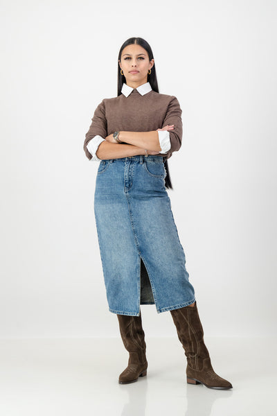 Raw edge denim skirt