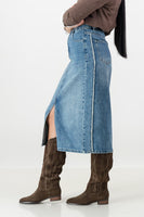 Raw edge denim skirt