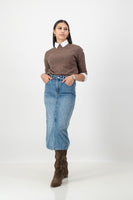 Raw edge denim skirt