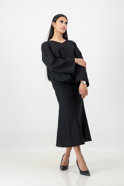 black linen blend top and skirt