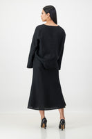 black linen blend top and skirt