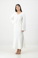 white linen blend top and skirt
