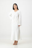 white linen blend top and skirt