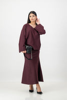 burgundy linen blend top and skirt