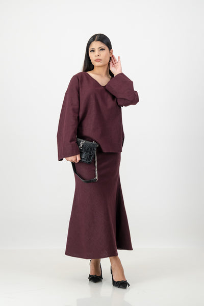 burgundy linen blend top and skirt