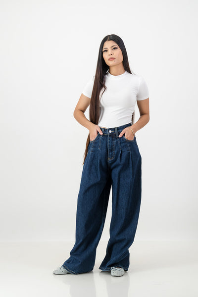 Indigo denim wide leg with front dart