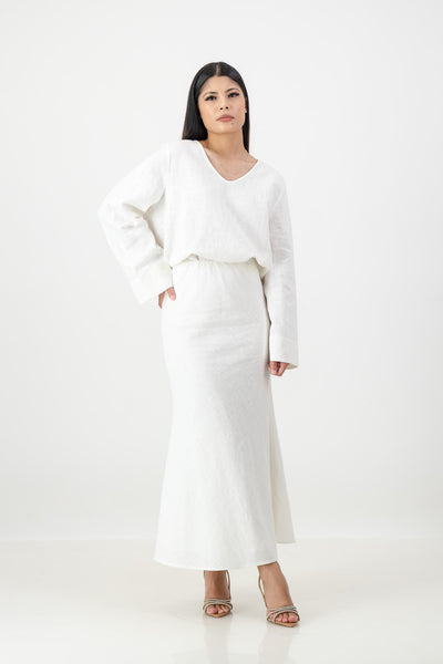 white linen blend top and skirt