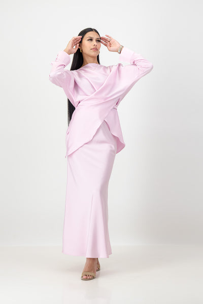 Pink long sleeve criss cross top with skirt