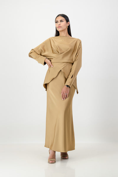 Caramel long sleeve criss cross top with skirt