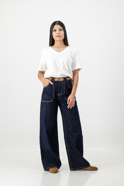 Indigo denim contrast stitch pocket