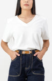 White v neck t with shoulder pads