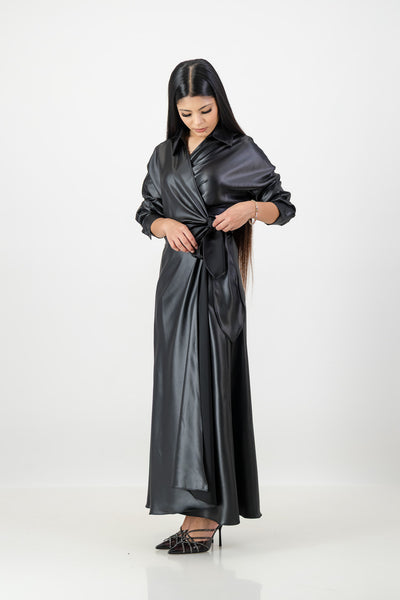 Black satin leather wrap dress