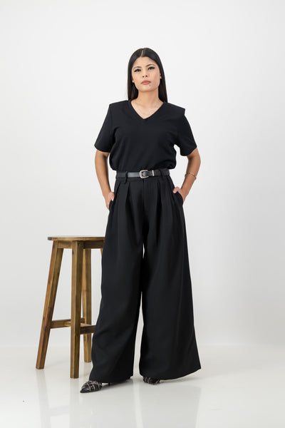 Black wide leg pant with dart detail