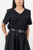 White v neck t with shoulder pads