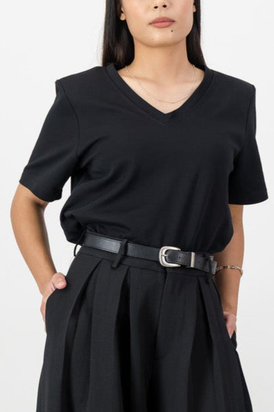 White v neck t with shoulder pads