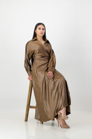 Pecan satin leather wrap dress