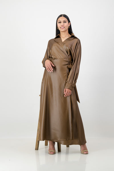 Pecan satin leather wrap dress