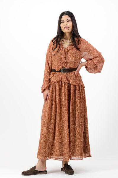 Rust ruffle dress with brown belt