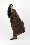 Choc ruffle dress with brown belt
