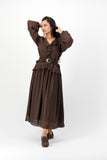 Choc ruffle dress with brown belt