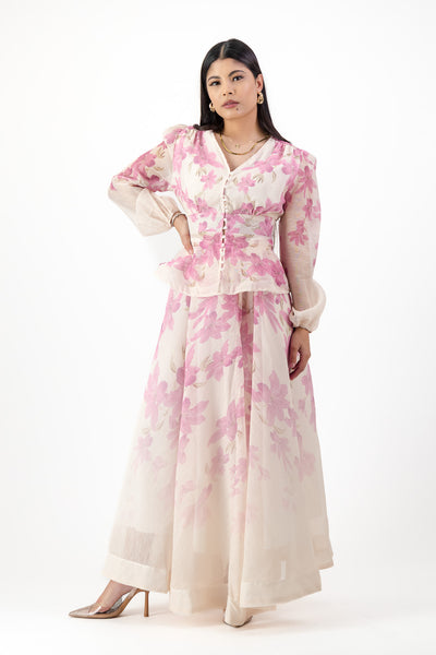 White co ord skirt with pink floral print