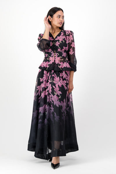 Black co ord top & skirt with pink floral print