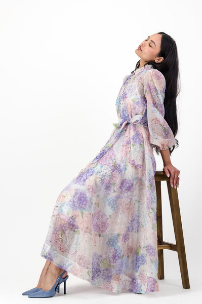 Purple hydraenger print dress