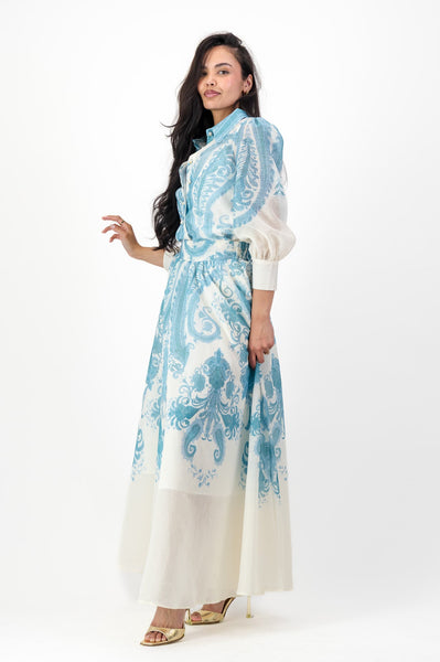 White co ord skirt with blue paisley print