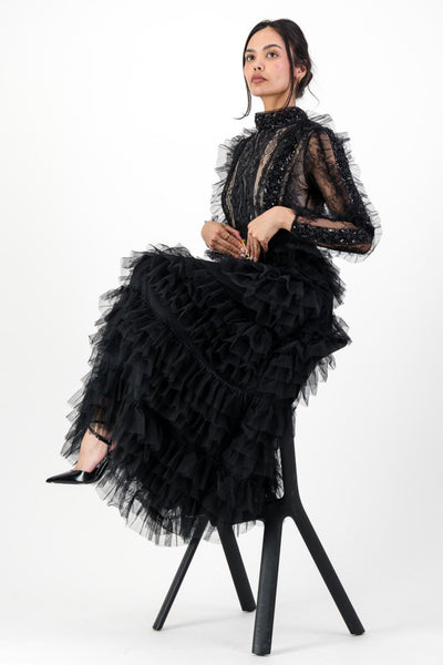 Black ruffle mesh dress