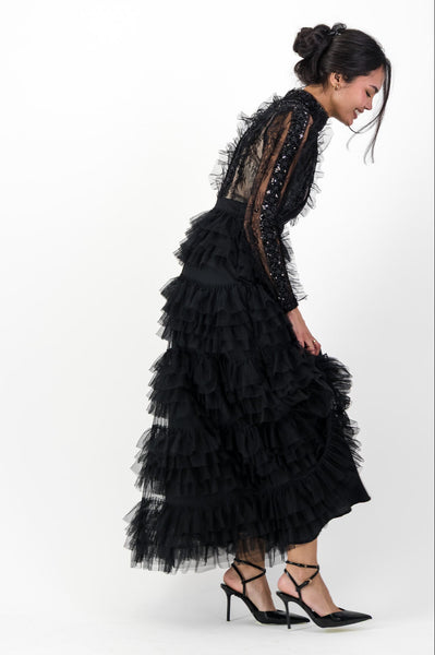 Black ruffle mesh dress