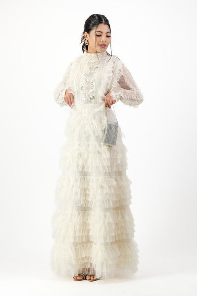 Ivory ruffle mesh dress