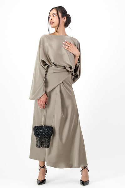 Kimono sleeve satin dress - taupe