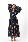 Black floral print double v neck dress