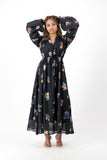 Black floral print double v neck dress